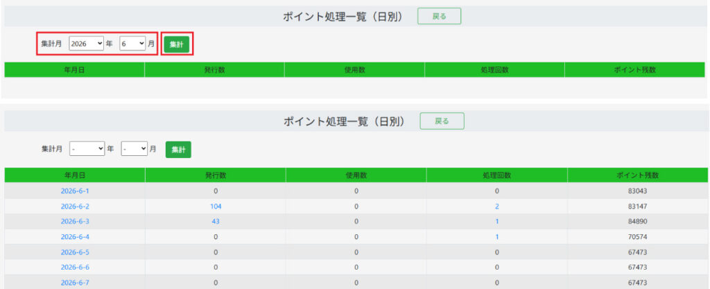 ポイント処理一覧　日別