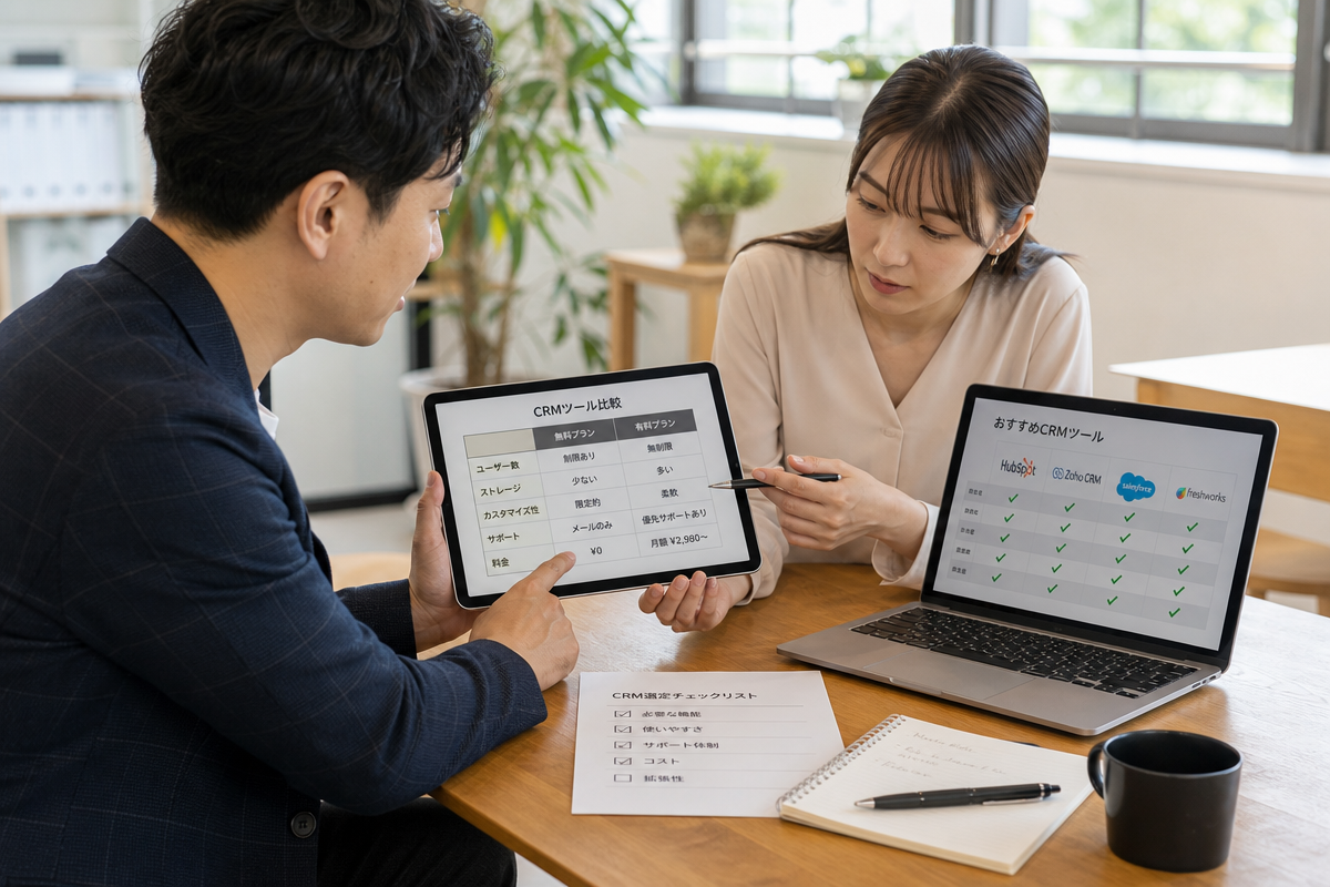日本人経営者が無料顧客管理ツール比較表を見ながらCRM選定方法を話し合うビジネスシーン