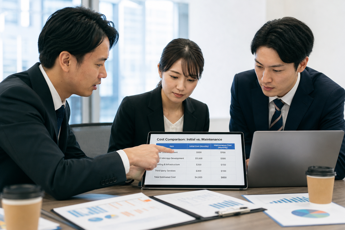 日本人ビジネス担当者がオフィスでlineミニアプリ デメリットに関する導入コスト比較表を確認している様子