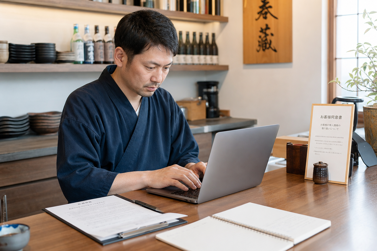 日本の飲食店経営者が顧客データベースを確認しながら同意書を整理する様子を描いた飲食店 顧客管理のイメージ
