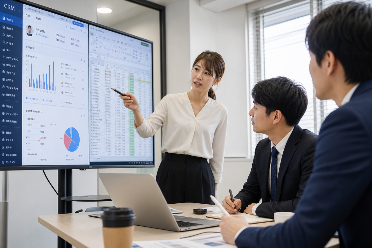 日本人チームがオフィスで顧客管理 方法を検討しCRM画面とExcelデータを比較している様子