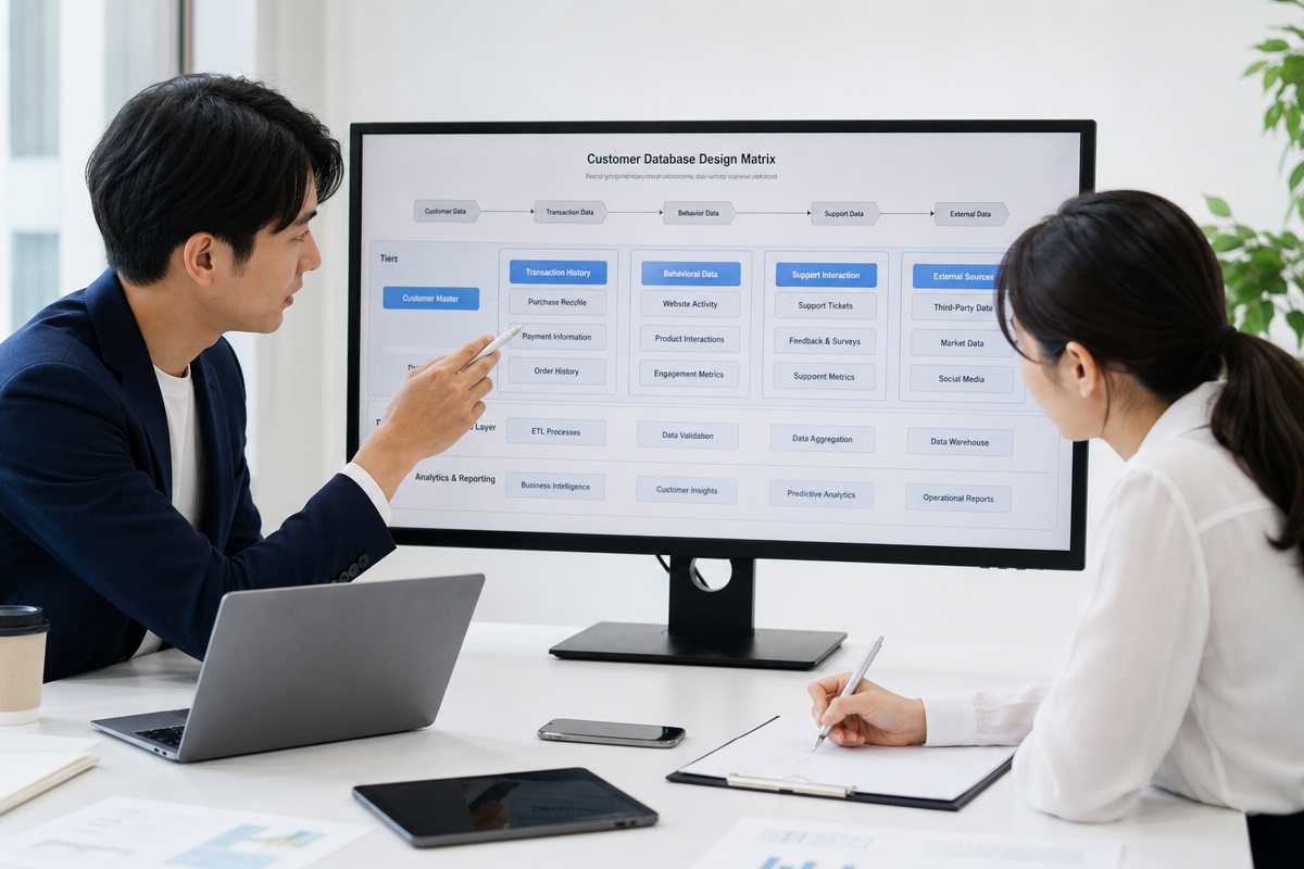日本人の男女が顧客データベース設計マトリクスを確認しながら議論しているオフィス風景 顧客管理 方法 の説明に適した構図