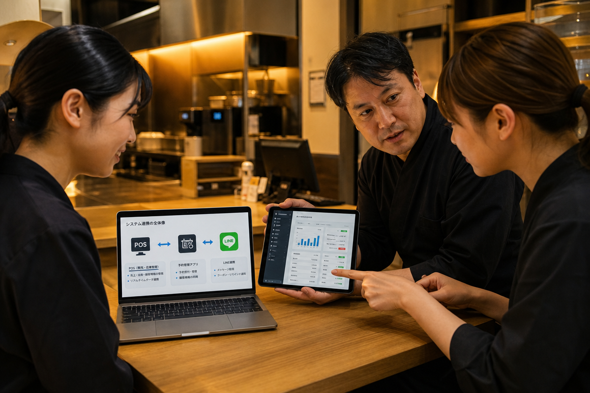 日本の飲食店マネージャーがPOSシステムやLINE連携を確認しながら顧客管理を行う様子