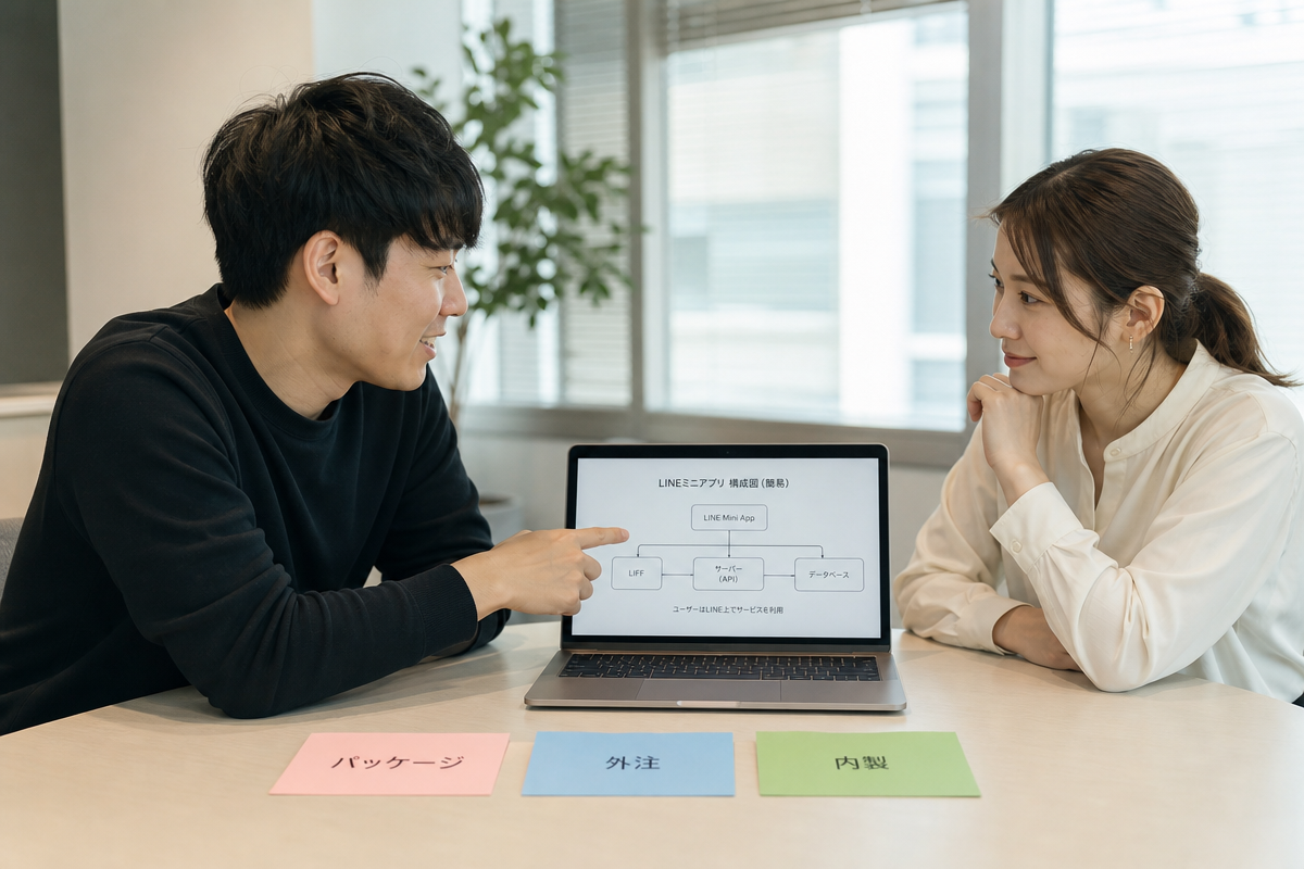 日本人のマーケ担当者がLINEミニアプリの基本構造を議論し、導入形態別デメリットを整理している様子