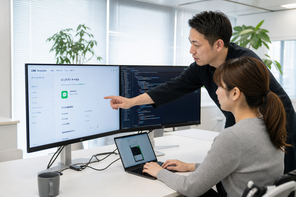日本人開発者がLINEミニアプリの導入方法を議論しコード画面を確認する様子