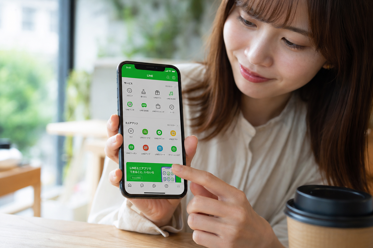 日本人女性がカフェでスマホのLINEミニアプリを操作しQRコードから起動する様子