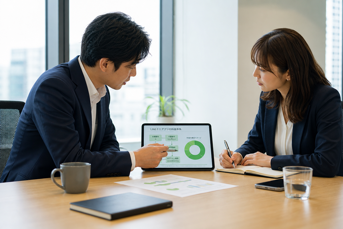 日本人ビジネス担当者がオフィスでタブレットの料金図を見ながらLINEミニアプリとはの導入メリットとコスト構造を検討している様子