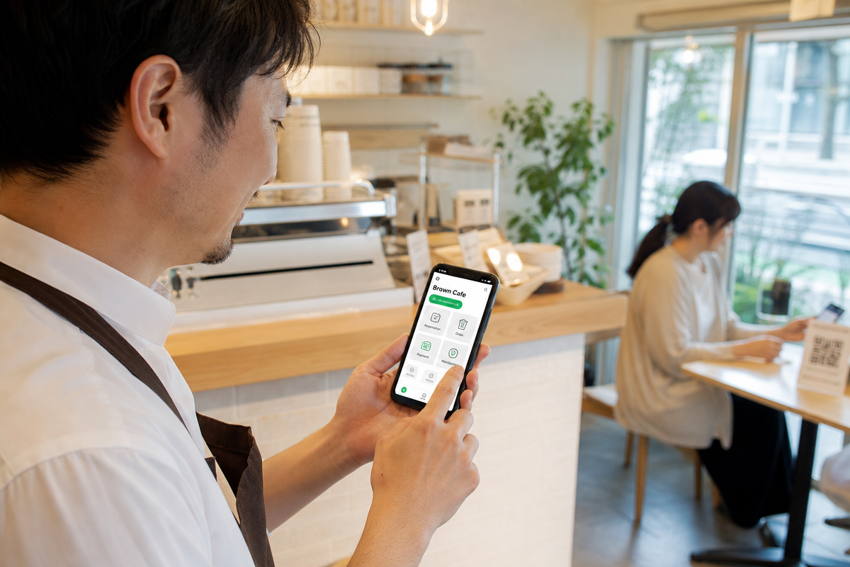 日本のカフェ店主がスマートフォンでline ミニアプリとはの予約や決済を管理している様子
