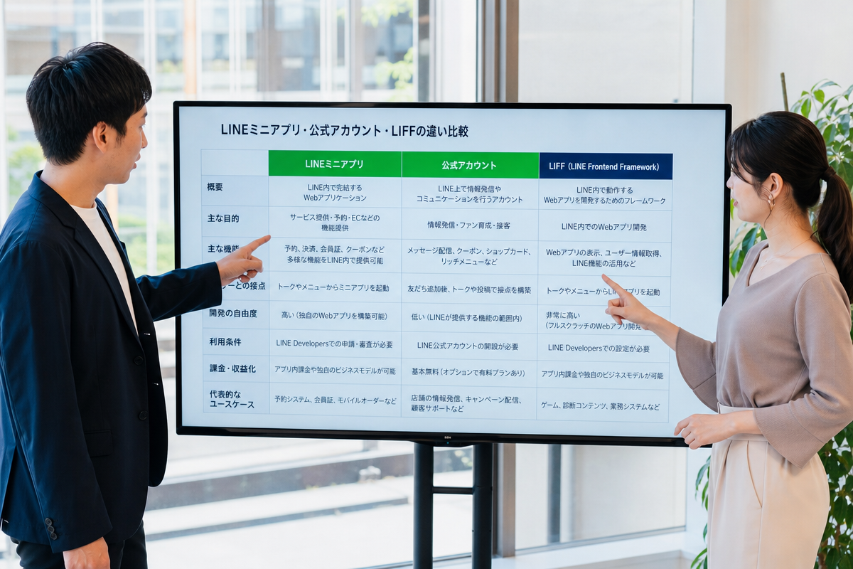 日本人マーケターがオフィスでLINEミニアプリとはの比較表を確認し公式アカウントやLIFFとの違いを検討している姿