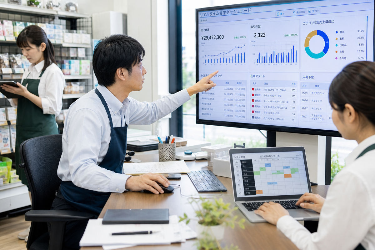 日本人店長が店舗管理システムの売上分析ダッシュボードを確認し在庫とシフト管理を行う様子