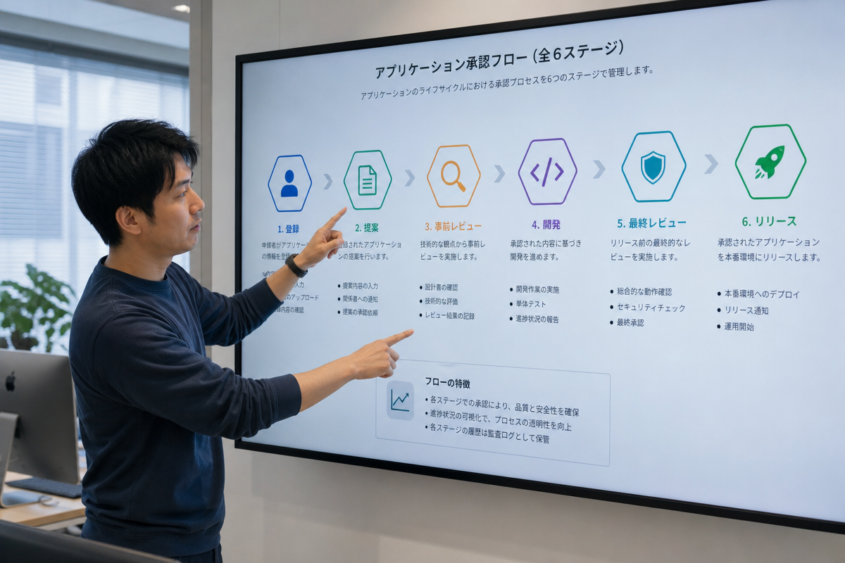 日本人エンジニアがLINEミニアプリの審査フロー6段階をホワイトボードで確認しプラットフォーム依存のリスクを検討する様子