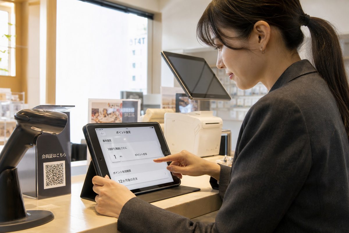 日本人店長がiPadでスマレジ顧客管理のポイント制度とクーポン発行設定を行う様子