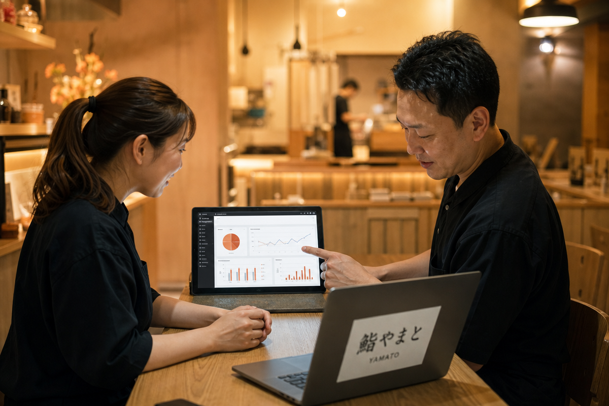 日本の飲食店でマネージャーがタブレットのCRM画面を見ながら顧客管理を検討する様子