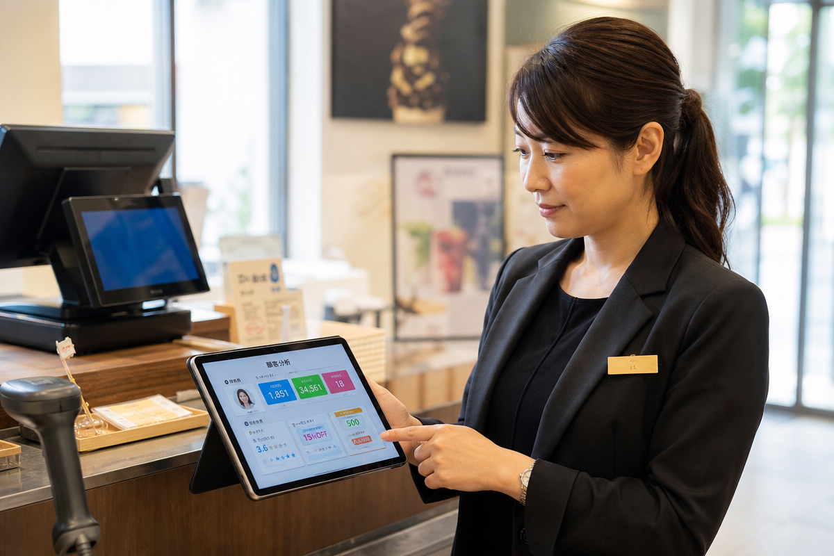 日本人女性店長がタブレットでスマレジ顧客管理のデータを確認しているシーン