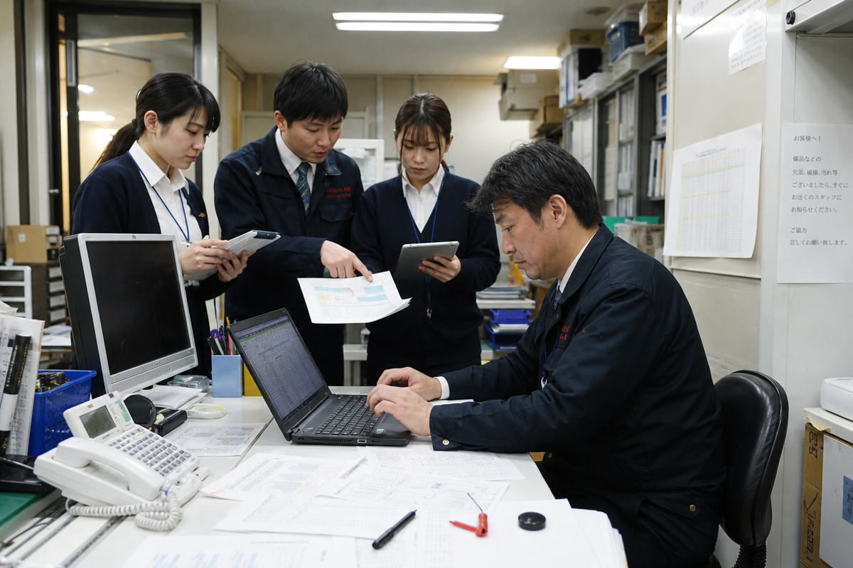 日本人店長が紙の売上表とExcelを見ながらスタッフと議論する店舗管理の課題シーン