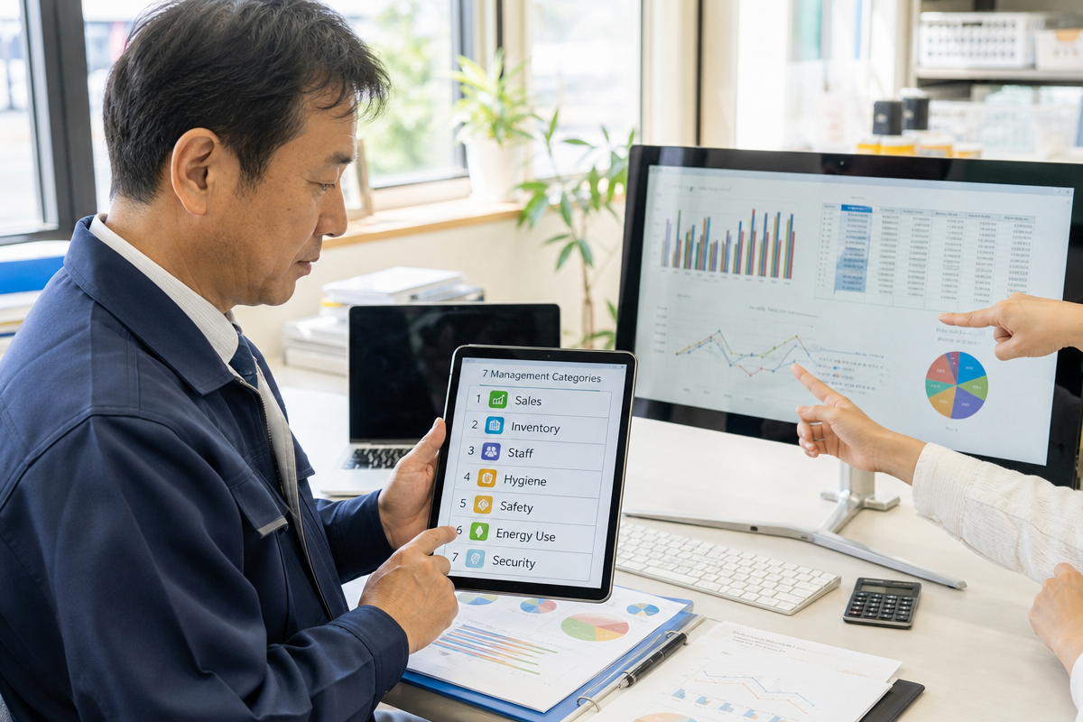 日本人店長が店舗管理の業務内容をタブレットで整理し売上や在庫など7領域を確認している