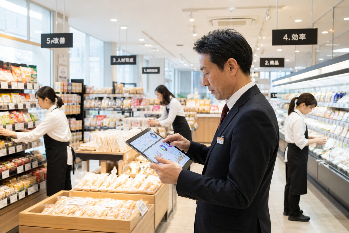 日本人店長が売上や在庫を確認し従業員を指導する様子を描いた店舗管理とはの説明イメージ