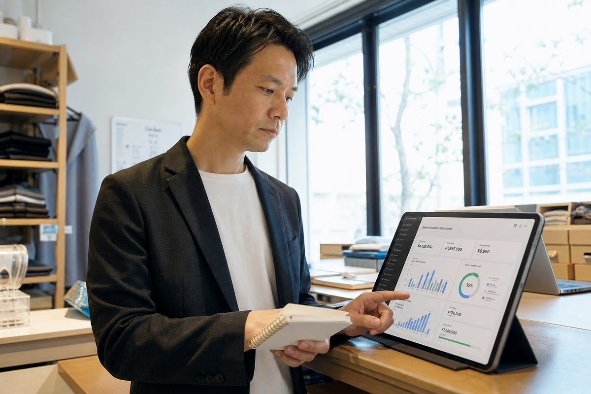日本人マネージャーが店舗管理システムのダッシュボードをタブレットで確認し業務最適化を検討している様子