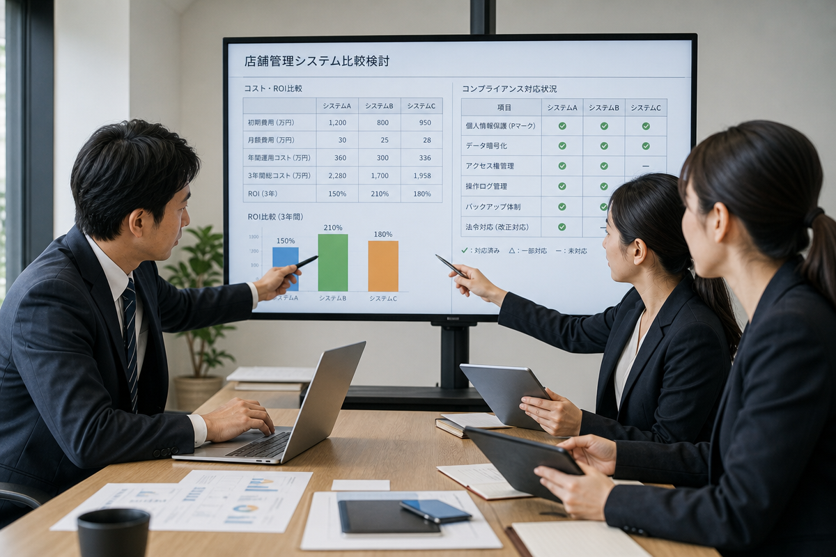 日本人ビジネスマネージャーが店舗管理システムの費用とROI表を指し示し法令遵守チェックを確認している場面