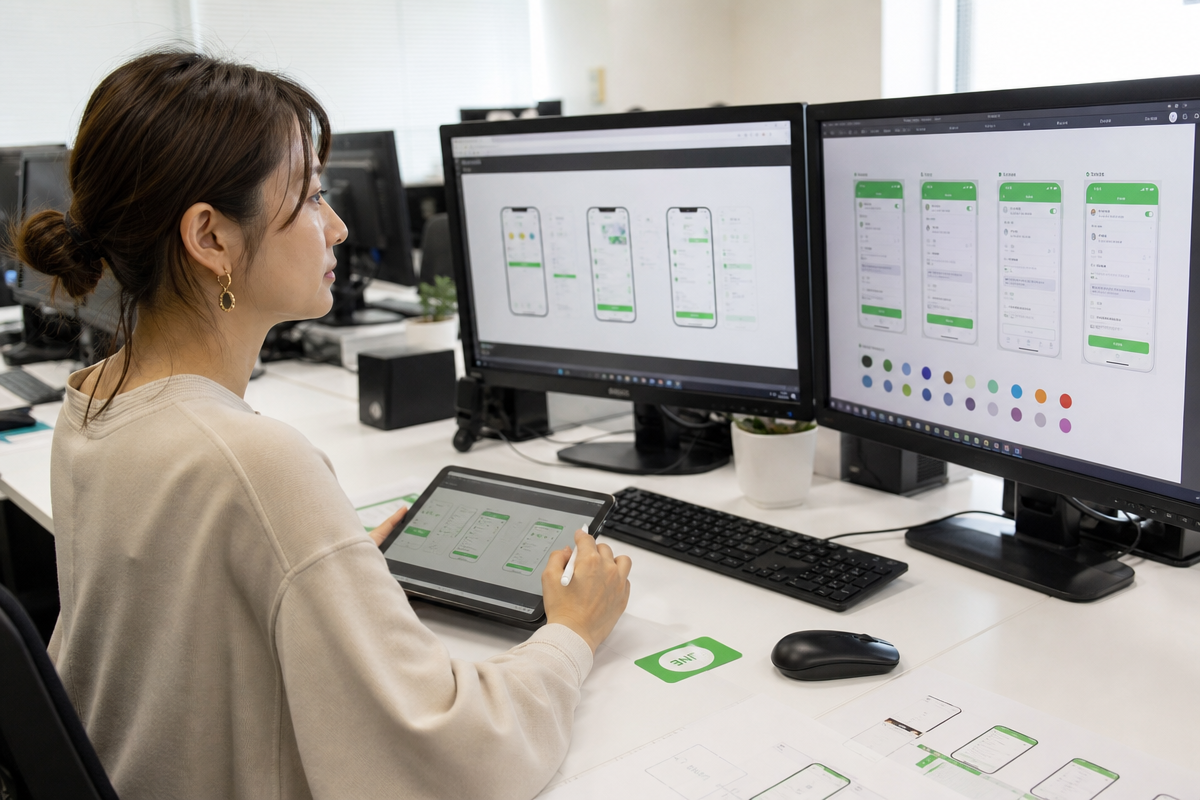 日本人女性デザイナーがLINEミニアプリのUI制約を検討しカスタマイズ自由度を比較する様子